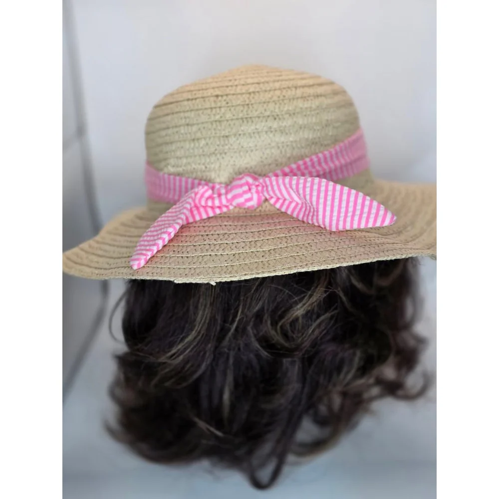 Girls Unbranded Straw Sun Hat with Pink Stripe Bow One Size